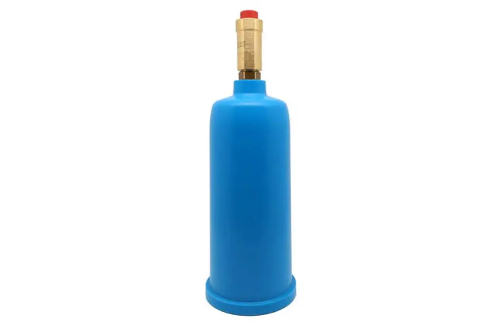 Blauer Druckbehälter mit goldenem Ventil und rotem Knopf, verwendet für IONA-Module, hergestellt von Remeha. Der Behälter ist zylindrisch und steht auf einem stabilen Sockel.